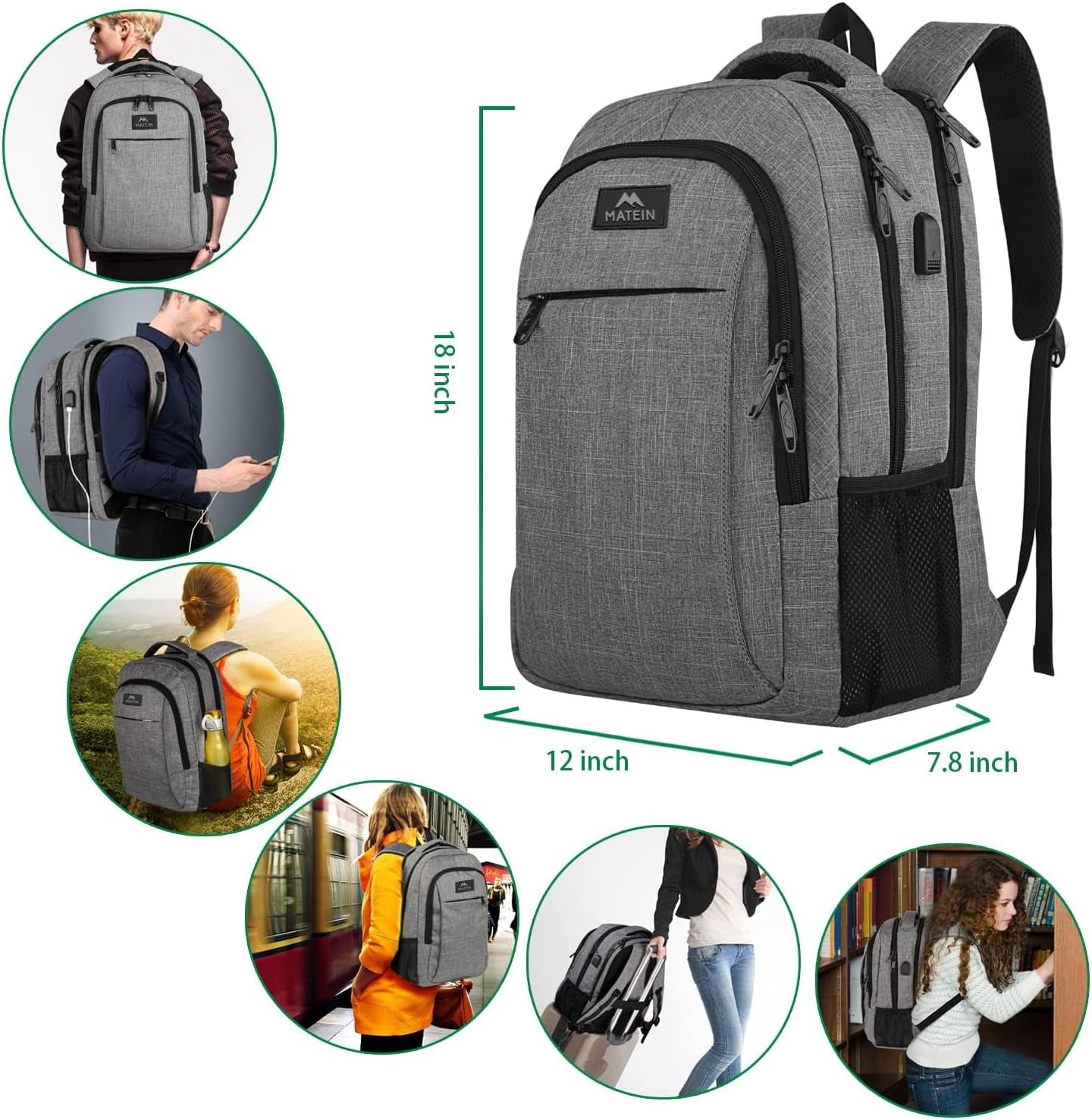 Travel Laptop Backpack, Business anti Theft Slim Sturdy Laptops Backpack with USB Charging Port, Water Resistant College School Computer Bag Gift for Men & Women Fits 15.6 Inch Notebook, Grey